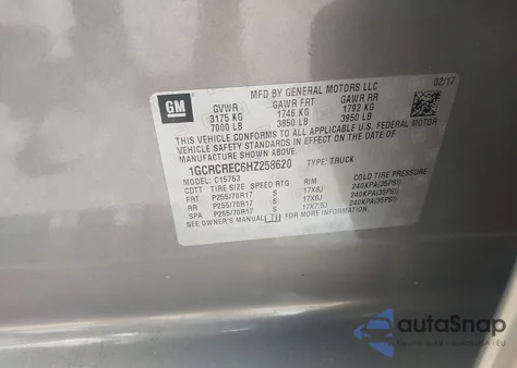 2017 Chevrolet Silverado 1500 1Lt из США, поврежденный, VIN 1GCRCREC6HZ258620